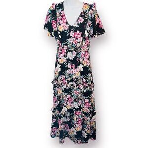 Peach Love California Ruffle Crochet Trim Floral Maxi Dress Black Multi S